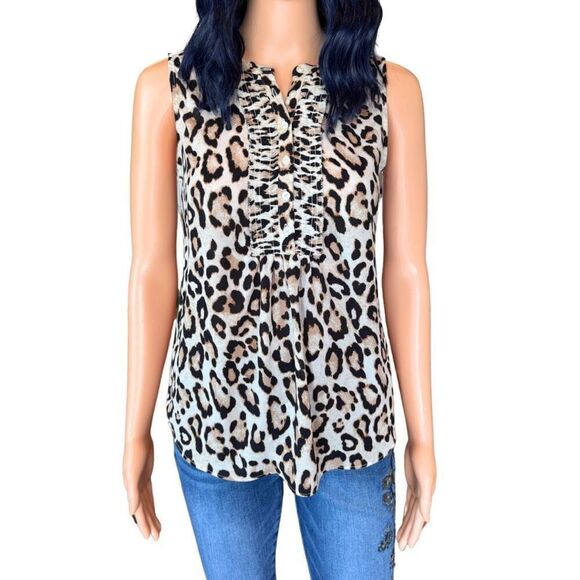 Loft Cheetah Print Ruffle Sleeveless Dressy Work Blouse - Picture 2 of 6